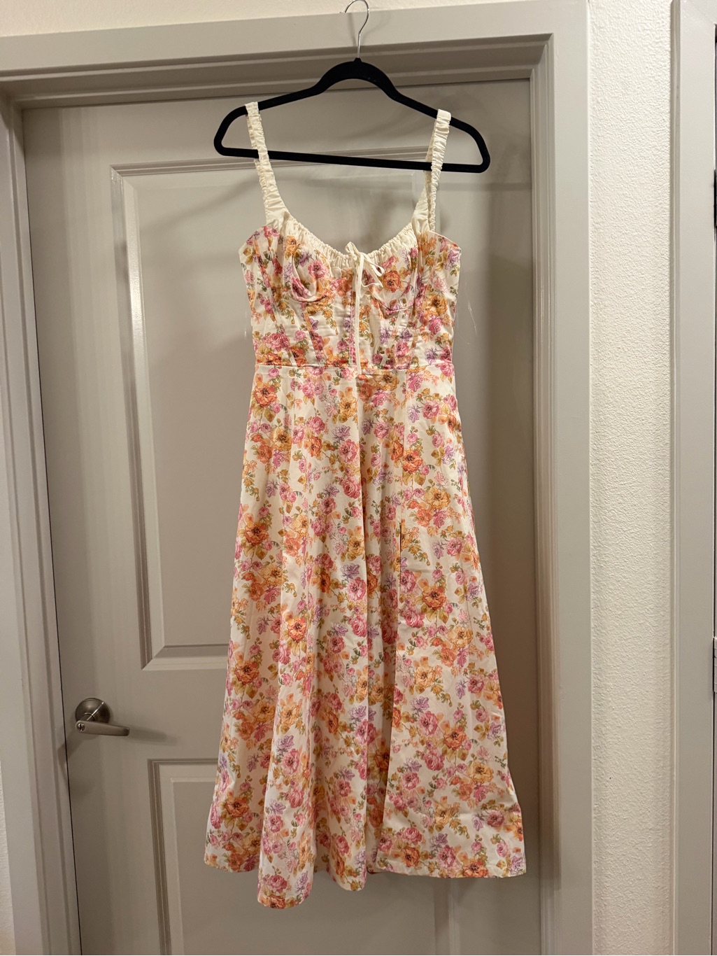 House Of Cb Floral Cream And Pink Satin Dress